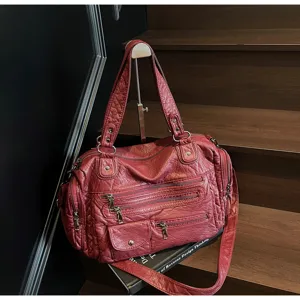 Vintage distressed red multi-zipper shoulder crossbody bag for daily travel and commute.