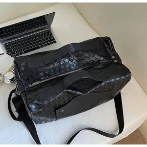Borsa da viaggio in pelle intrecciata nera, grande borsa a tracolla per il tempo libero.