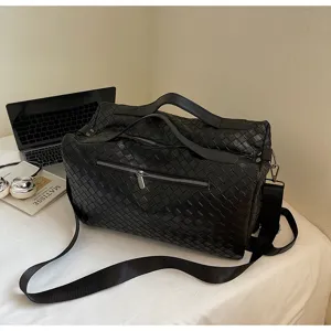 Borsa da viaggio in pelle intrecciata nera, grande bagaglio con tracolla regolabile.