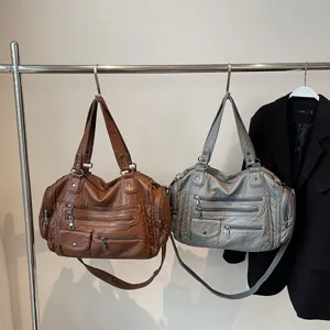 Vintage multi-zipper motorcycle shoulder crossbody bag for women, large capacity casual tote.