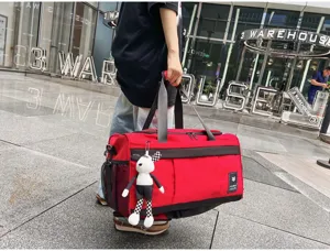 Large capacity travel duffel bag red black waterproof sports luggage bag for short trips