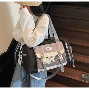 Korean style color block travel duffel bag with clear front pocket large capacity shoulder bag