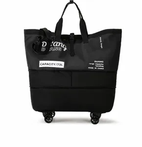 Sac de voyage roulant noir avec grande capacité de 73L, roulettes et double poignée.