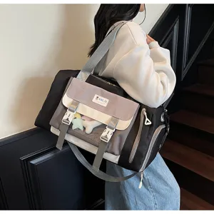 Korean style colorblock large capacity travel duffel bag with transparent pocket.