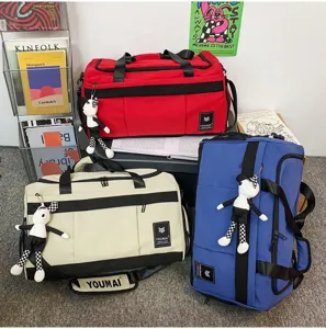 Multifunctional travel duffel bag detail view showcasing multiple color options and pockets.