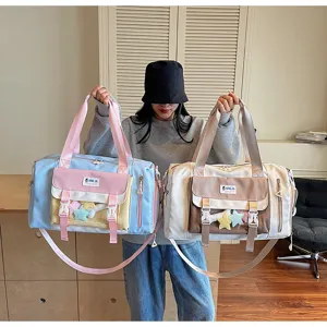 Cute large capacity travel duffel bag with transparent itabag front pocket and stylish stars.