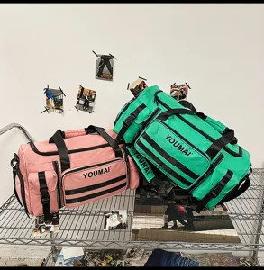 Multi-functional travel duffel bag with multiple pockets, large capacity sports gym backpack.