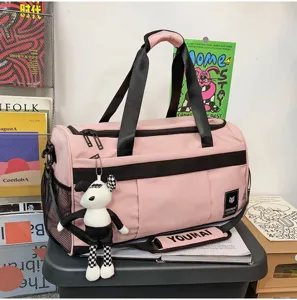 Pink travel duffle bag multi-functional sports luggage handbag for short trip outdoor.