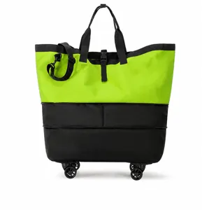 Vue détaillée du grand sac de voyage à roulettes avec roues, conception de rangement durable.