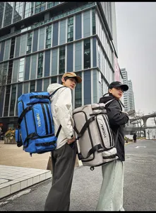 Detailed view of the multi-functional travel backpack in an urban setting, showing pockets.