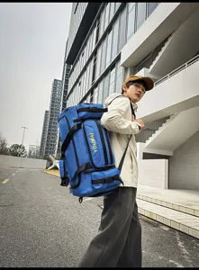 Detail view of large-capacity multi-functional travel backpack in striking blue urban style.