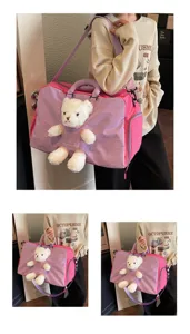 Sac de voyage rose violet avec ours en peluche, grand sac bandoulière de sport