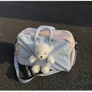 Joli sac de voyage pastel bleu rose avec pendentif en peluche d'ours grande capacité