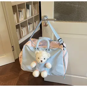 Sac de voyage rose et bleu avec peluche ours mignon, grande capacité fourre-tout week-end.