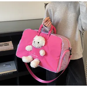 Sac de voyage rose mignon avec pendentif en peluche d'ours, grand sac à bandoulière.