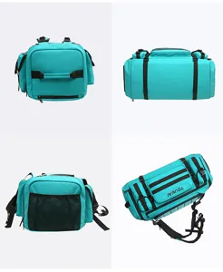 Nahaufnahme des cyanblauen multifunktionalen Sportrucksacks mit Fächern und Gurten.