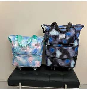 Foldable wheeled travel duffel bag detail, expandable large capacity luggage tote with wheels.