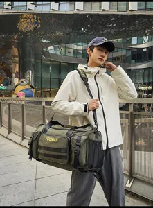 Urban multi-pocket tactical travel duffel bag with shoulder strap for commuting and sports.