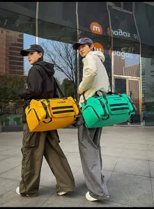 Detail shot of multi-functional travel duffel bag with multiple pockets and durable straps.
