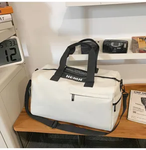 White large capacity travel duffel bag sports fitness bag with black straps for outdoor