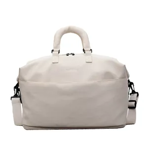 Minimalist off-white travel duffel bag with handles and crossbody strap for short trips.