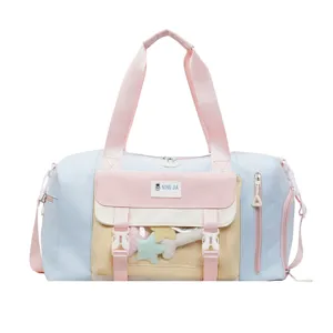 Sweet colorblock travel duffel bag with transparent front window, large capacity weekend luggage.
