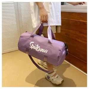 Large capacity purple cylindrical travel duffel bag for gym sports and daily storage use