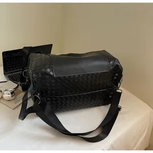 Borsa da viaggio intrecciata nera per uomo donna, grande borsone sportivo tracolla.