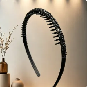 Black rhinestone headband with anti-slip teeth for daily makeup washing hair styling accessory