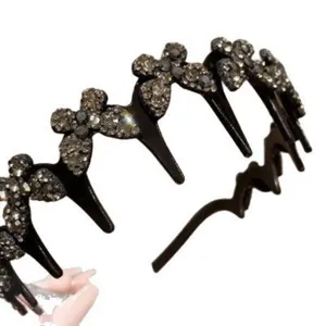 Sparkling rhinestone wave hair hoop with teeth anti-slip black crystal headband for women