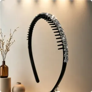 Close-up detail of the sparkling rhinestone hair hoop with anti-slip teeth, elegant black design.