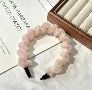 Pink chiffon ruffled headband for women, sweet fairy hair hoop for daily wear and face washing.