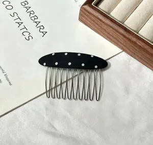 Fabric polka dot hair comb for women, stylish anti-slip hair side comb for daily styling.