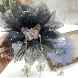 Mesh Flower Hair Claw Clip With Tassel Bow Elegant Large Hair Catch Hair Accessories For Women Daily Hair Styling