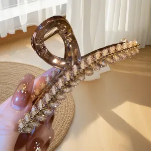 Close-up of large rhinestone hair claw clip, sparkling beaded design, elegant hair accessory detail.