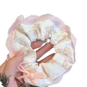 Sweet pink lace hair scrunchie with cute cartoon bear print, soft fabric bow daily hair accessory