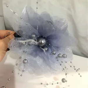 Grey organza peony flower hair claw clip with pearl bead strings for women's daily hair styling