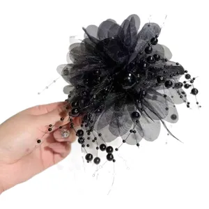 Black mesh flower hair claw clip with pearl fringe and feathers, elegant hair accessory for women.