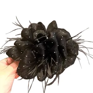 Black large mesh flower hair claw clip with rhinestones and feathers for women chic styling