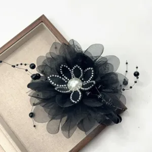 Elegante schwarze Netz Blume Strass Perle Haarkralle Klammer mit Quaste fuer modische Damen.