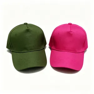 Plain cotton baseball cap detail view, featuring solid green and pink colors for custom logo wear.
