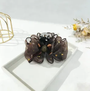 Brown mesh bow hair claw clip elegant shark clip for women styling headwear hair accessories