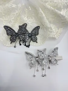 Elegant crystal butterfly hair clip with tassel, vintage Hepburn style side bangs clip for women.