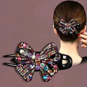 Élégante pince à cheveux nœud strass pour femmes, pince bec de canard en cristal étincelant.