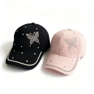 Strass Schmetterling Tweed Baseballcap, warme Wintermütze für Damen, modisches Design.