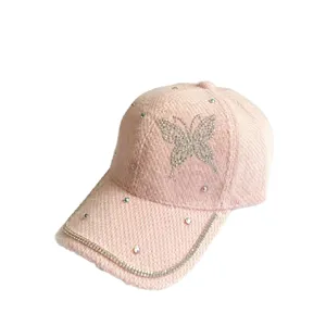 Rosa Strass Schmetterling Baseball Cap, warme flauschige Damen Mütze Winter Kappe chic.