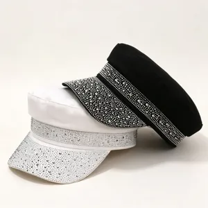 Cappello Baker Boy con Strass Donna Moda Cappello Piatto Chic Visiera Brillante