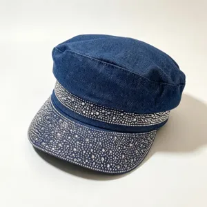 Berretto piatto in denim con strass da donna, elegante berretto di cristallo lucido con visiera.