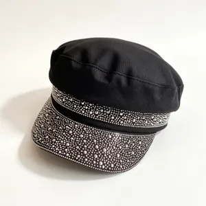 Cappello a Berretto Piatto Moda Donna Cotone Decorato con Strass Cappellino Chic Quotidiano Casual