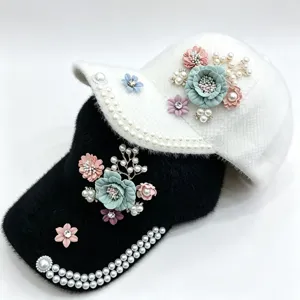 Damen Winter Warm Plüsch Baseballkappe Koreanischer Stil Verdickter Kunstpelz Hut Strass Blume Perle Outdoor Hut
